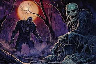 create detailed dark art illustrations for bands and merch