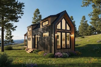 create architectural rendering, tiny house design, small home, model, cabin rend