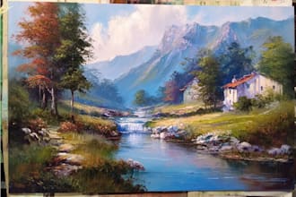 paint landscape in oil painting on canvas