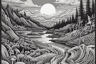 draw detailed dark art with woodcut or linocut style