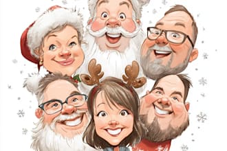 make a group christmas caricature cartoon, holiday gift card