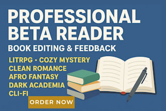 beta read litrpg cozy mystery clean romance afro fantasy dark academia fiction