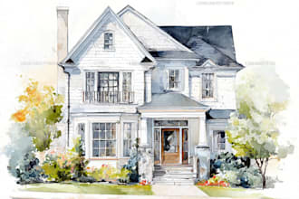 paint a watercolor house portrait or city space illustration