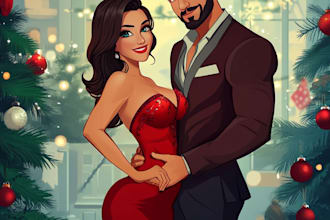 do a cute couple in christmas outfit cartoon style