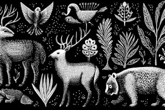 draw animal and botanical linocut illustration