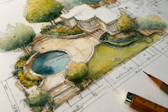 draw watercolor of landscape designs or home gardens