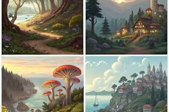 illustrate environments, landscapes, board game, concept art