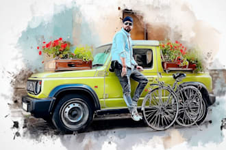 create realistic watercolor portrait style car, bike vehicle