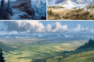illustrate environments, landscapes, board game, concept art
