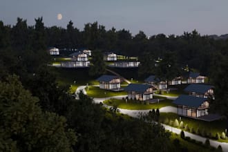 revamp modern residential development, luxury resort space, cottage house render