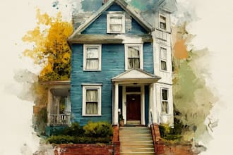 paint a watercolor house portrait or city space illustration