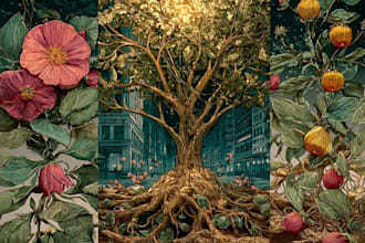 draw flowers, trees of botanical plants and illustration