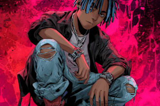 design custom anime manga album cover art in hip hop rap lofi emo, retro style