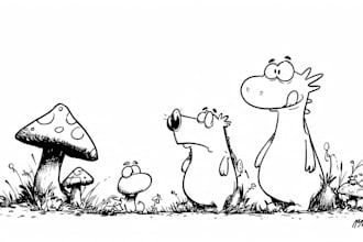 draw black and white funny cartoon line art