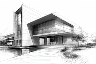 draw architectural sketches of building interior, exterior