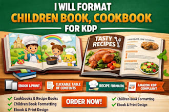 format children book cookbook ebook formatting recipe book, book design for kdp