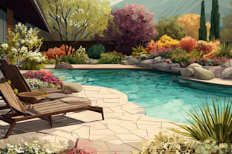 design landscape, backyard, garden, pool, deck and terrace
