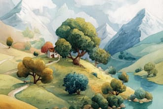 do watercolor illustration for children book, landscape, website