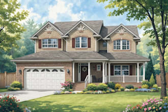 create your house image into a digital watercolor home portrait illustration