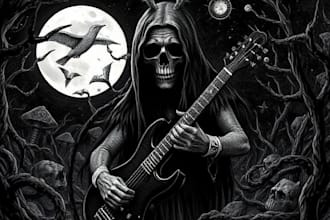 create detailed dark art illustrations for bands and merch