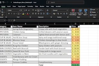 create excel menu or product catalog spreadsheets