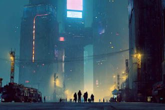 do an illustration of futuristic cyberpunk night city sci fi