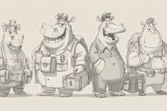 draw black and white funny cartoon line art