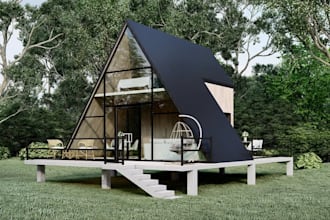 recreate 3d modern cabin exterior, glaze frame house, tiny house, cottage render