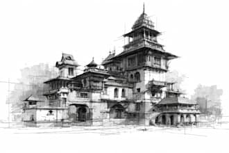 draw architectural sketches of building interior and exterior