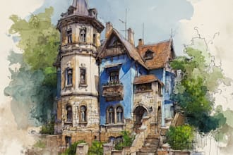 draw handmade watercolor illustration of architecture