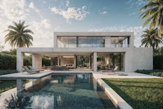 design a luxury modern villa and create photorealistic 3d exterior renders