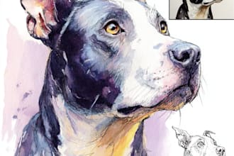 paint a watercolor pet portrait with ink sketch