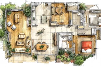 turn sketch into 2d cad and color floor plan