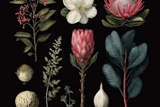 draw botanical illustrations of flowers, plants, fruits