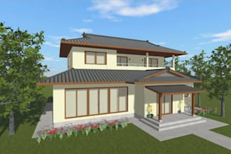 design 3d japanese house modeling, garden landscape