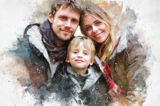 draw watercolor family portrait painting from combine photo in watercolor style