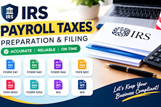 file irs payroll taxes form 941, 940, form 944, 1099nec, 1099misc, 1096, w2, w9