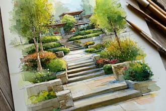 draw watercolor drawings of landscape designs or home gardens
