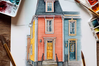 paint a watercolor house portrait or city space illustration