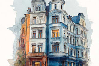 draw handmade watercolor illustration of architecture