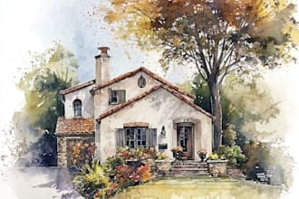 paint a watercolor house portrait or city space illustration