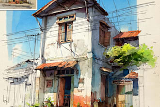 sketch and watercolor of house, building and other places