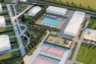 erect padel court playground,mevo,parking space, golf calibration, showroom play