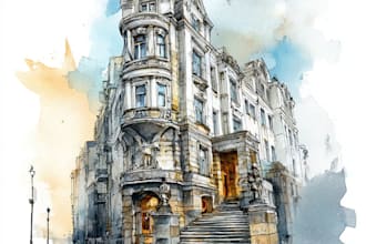draw handmade watercolor illustration of architecture