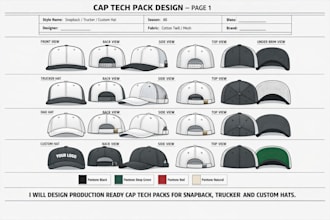design production ready cap tech packs for snapback trucker and custom hats