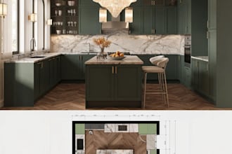 do a functional kitchen design with 3d render and floor plan