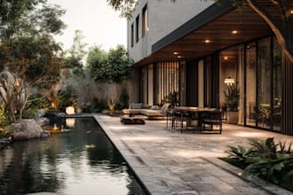 design landscape, terrace, backyard, pool, and patio