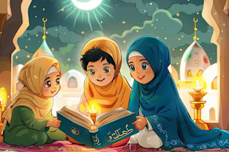 illustrate islamic children storybook, muslim kid book, KDP book cover design