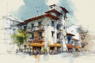 house sketch, exterior architectural illustration