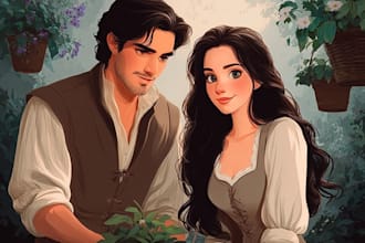 illustrate a cartoon disney couple portrait